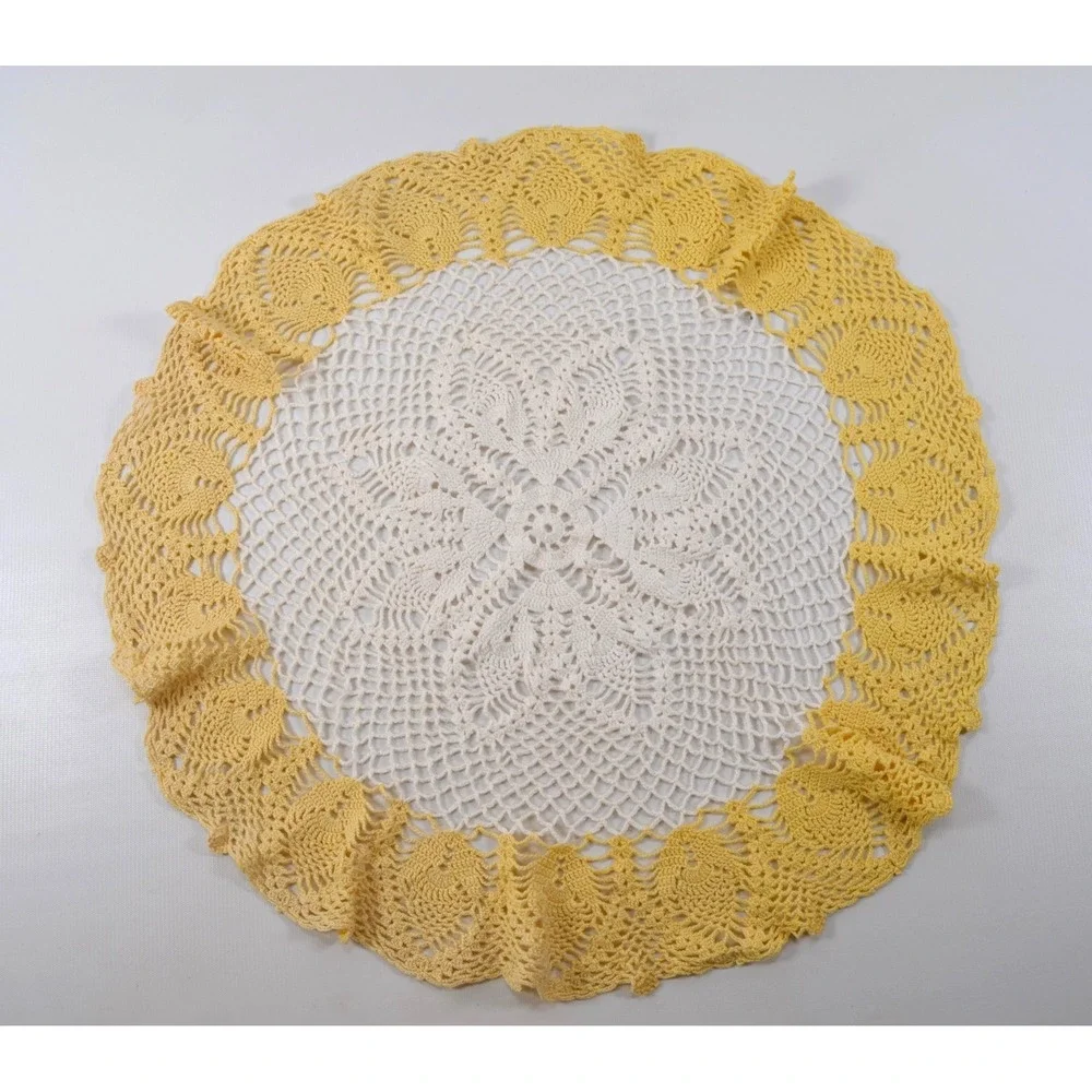 Vintage Round White & Yellow Handmade Crochet Doily 22